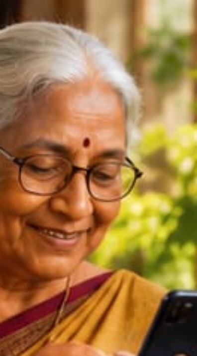 A grandmother using a phone at home