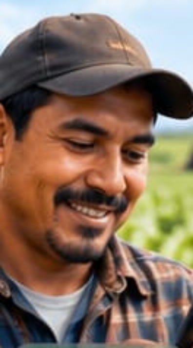 A farmer in the field with a phone