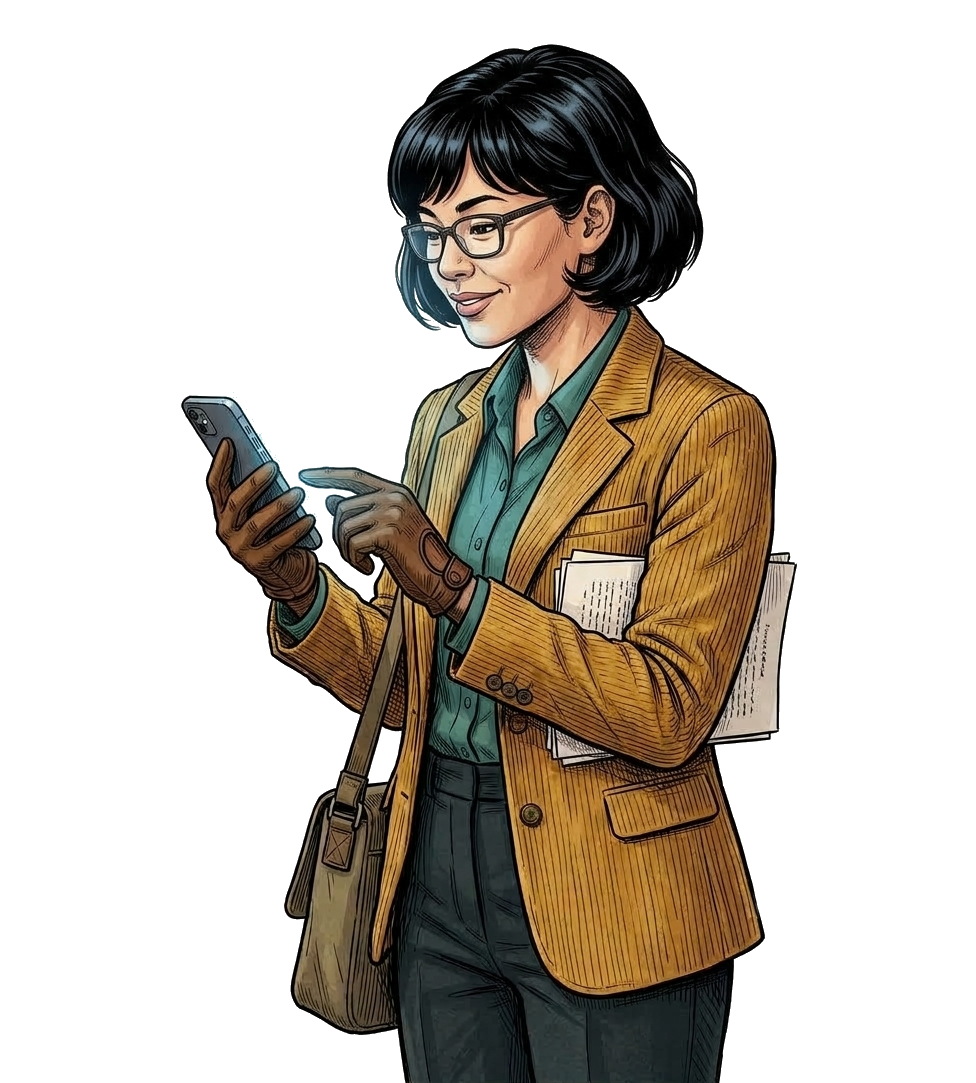 A teacher with papers under one arm checking a phone