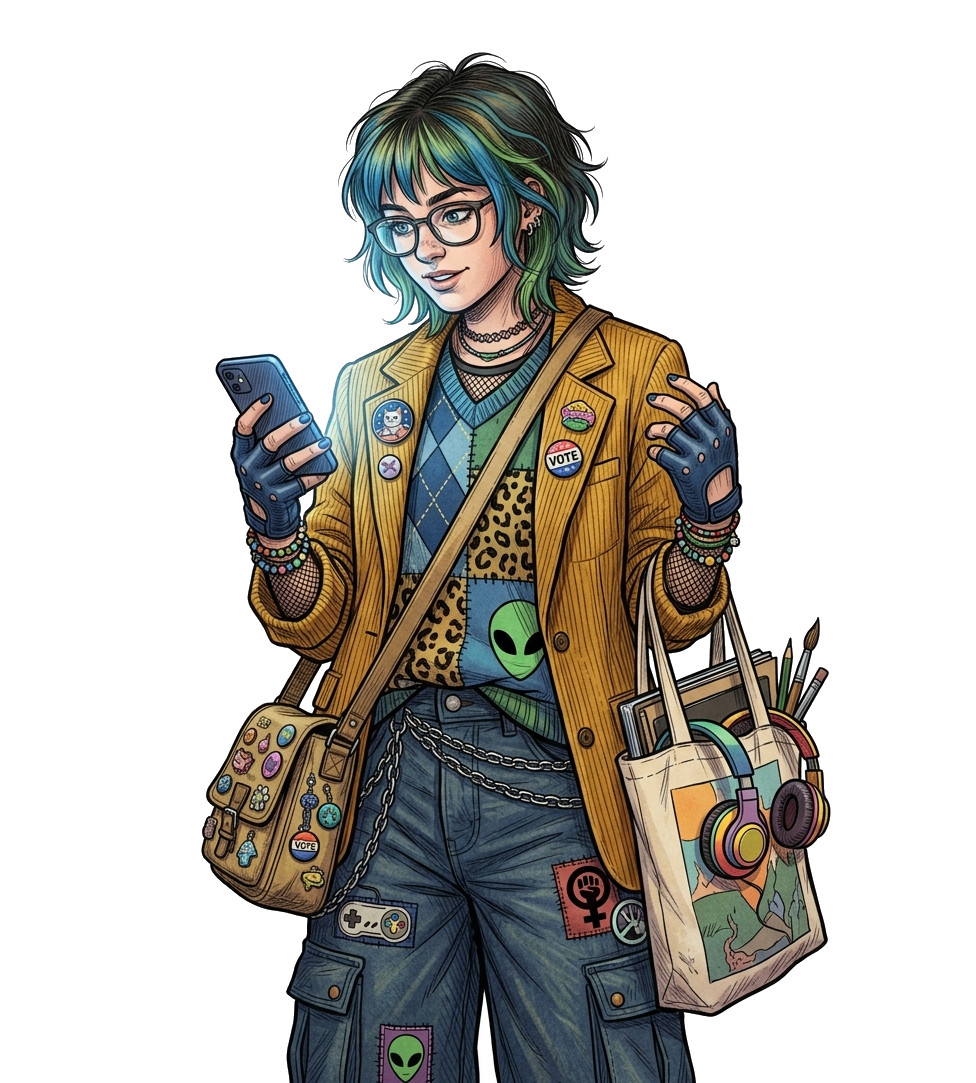 A young person covered in pins and patches smiling at a phone