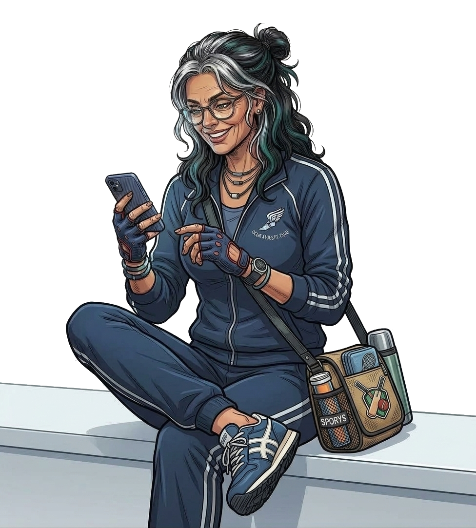A runner in a tracksuit sitting on a bench with a phone
